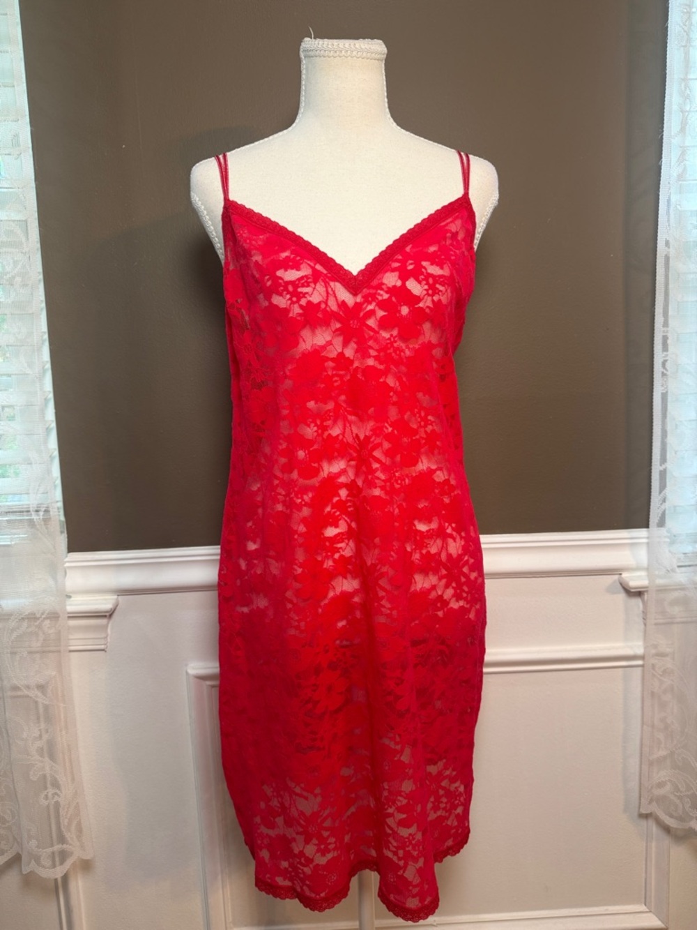 Victoria’s Secret Red Lace‎ Chemise XL Sheer Slip Dress Stretch